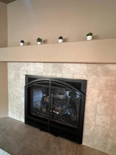 a fireplace in a living room with plants on a shelf at The Bluejay Cabin at Munds Park, AZ! in Sedona