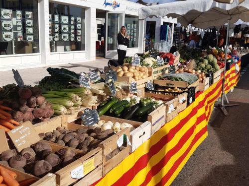 un marché avec beaucoup de légumes exposés dans des caisses dans l'établissement Port Leucate: T2 RDC 4 Pers proche port avec terrasse, parking sécurisé, TV, lave-linge, plancha - FR-1-798-3, à Leucate