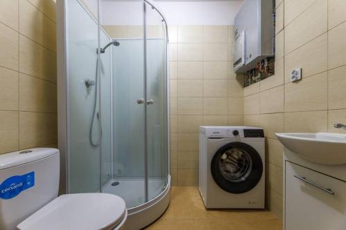 a bathroom with a washing machine and a sink at Przyjazny Apartament w Będzinie in Będzin