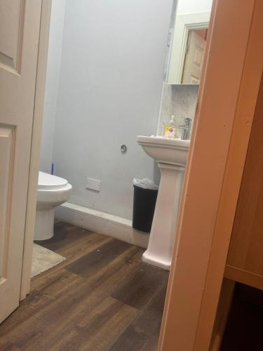 a bathroom with a white toilet and a sink at Nice and Pleasant in Thornton Heath