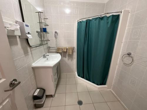 a bathroom with a green shower curtain and a sink at San Michele Adaminaby in Adaminaby