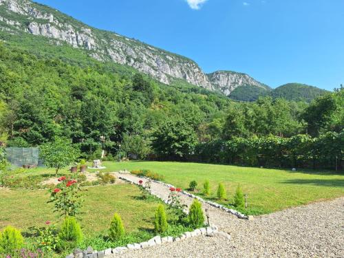 a garden with mountains in the background at Casa Astoria in Băile Herculane