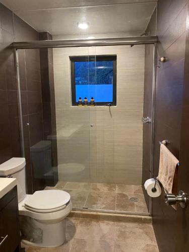 a bathroom with a shower with a toilet and a window at Alojamiento tipo Cabaña, rodeado de Bosque in Mexico City