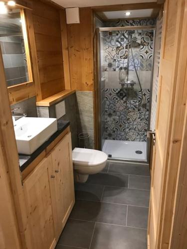 une salle de bain avec toilettes, lavabo et douche dans l'établissement FLUMET , Appartement Espace Diamant, à Flumet
