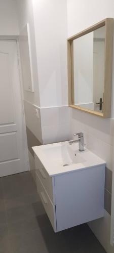 une salle de bain avec un lavabo blanc et un miroir dans l'établissement Appartement 4 p neuf dans haut de villa , clim, parking, jardin, à Saint-Laurent-du-Var