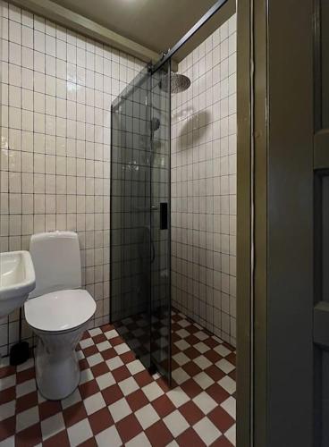 a bathroom with a toilet and a glass shower at Farmhouse in historic village in Österlen in Glemminge