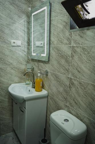 a bathroom with a toilet and a sink and a mirror at Old district in Kutaisi
