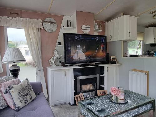 a living room with a tv on top of a fireplace at Caravan - Sleeps 8 pet friendly & hot tub in Welshpool