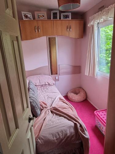 a bedroom with a bed in a pink room at Caravan - Sleeps 8 pet friendly in Welshpool