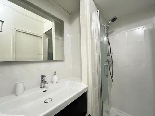 a white bathroom with a sink and a shower at Forum Graphic magnifique T2 spacieux au centre in Reims