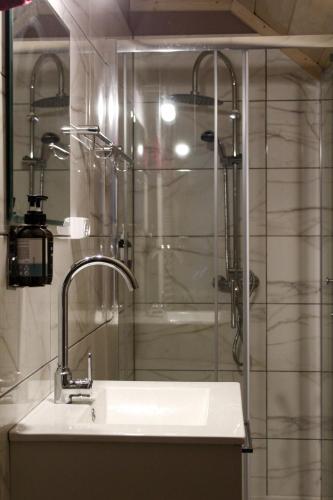 a bathroom with a sink and a shower at Siedlisko Magiczne Cimanie in Cimanie