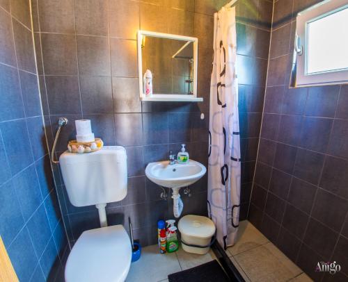 a bathroom with a toilet a sink and a shower at Retro Pool House in Mostar