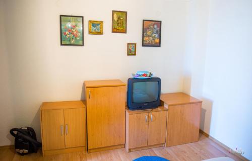 a tv sitting on top of wooden cabinets in a room at Retro Pool House in Mostar