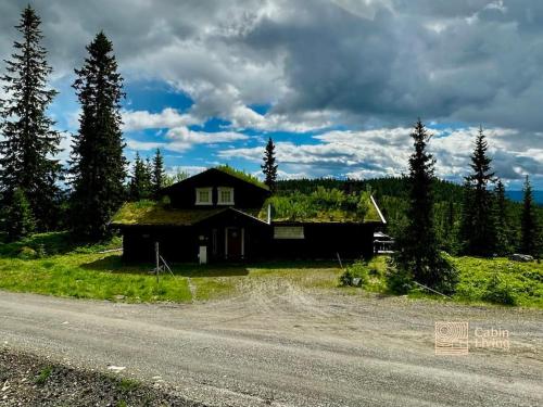 a house with a grass roof on the side of a road at Large log cabin at Sjusjøen with sauna, fireplace and panoramic view in Ringsaker