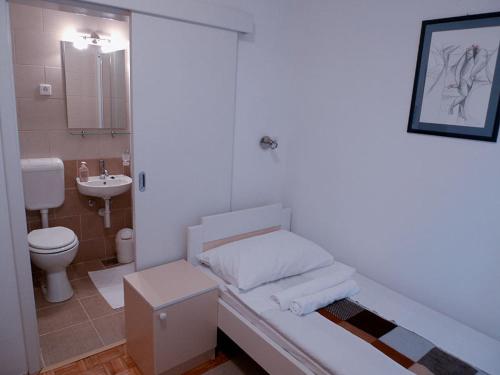 a white bathroom with a toilet and a sink at Guest House Kosec in Kutina