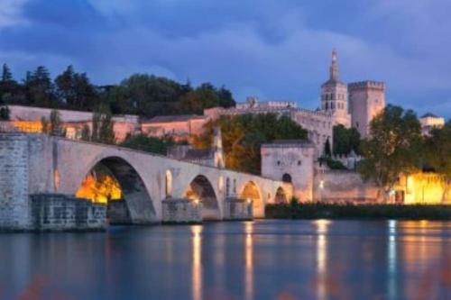 un pont sur l'eau en face d'un château dans l'établissement loft, à Avignon