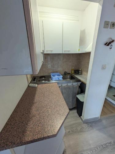 une petite cuisine avec un comptoir et un évier dans l'établissement MARSEILLAN-PLAGE - Studio climatisé avec coin nuit séparé - Terrasse & parking privé, à Marseillan