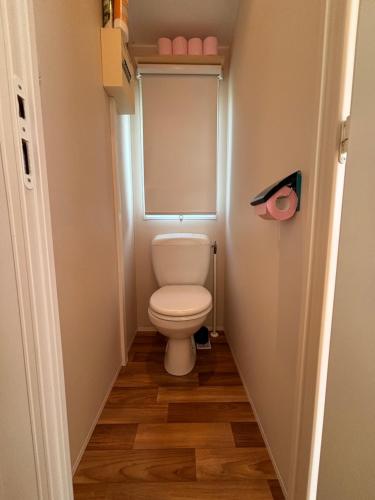 une petite salle de bain avec toilettes et miroir dans l'établissement A05 mobile home camping phare d opale, à Le Portel