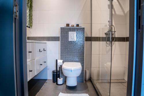 a bathroom with a toilet and a glass shower at Oase 't Huyseke in Blankenberge