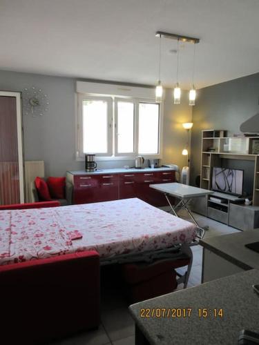 un salon avec une table et une cuisine dans l'établissement T2 centre ville, wifi, parking, à Béziers