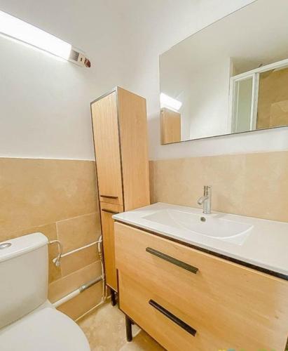 une salle de bain avec toilettes, lavabo et miroir dans l'établissement Le 458 Chez Yannick et Céline, au Grau-du-Roi