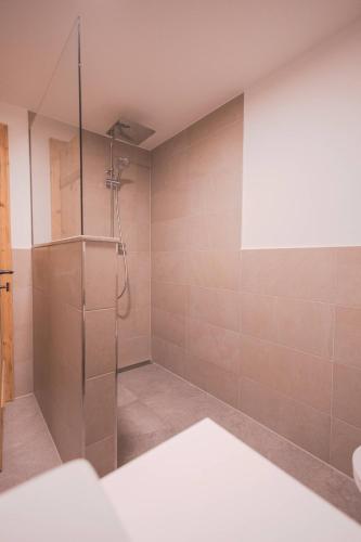 a bathroom with a shower with a glass door at zumHofer in Gmund am Tegernsee