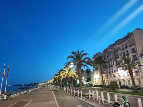a street with palm trees and buildings on a beach at Appartement 3 PIECES NICE Promenade in Nice