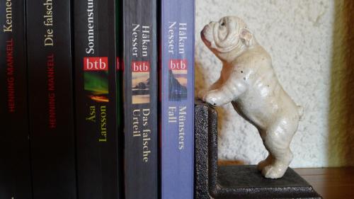 a book shelf with a statue of a dog standing between books at Lilla Trulla Gårdshotell - Feels like home in Bolestad