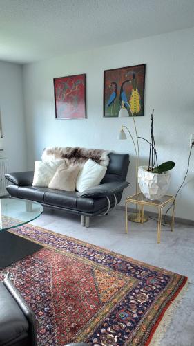 a living room with a black couch and a rug at Zollernest in Hechingen