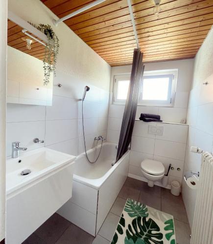 a bathroom with a tub sink and a toilet at Sonniges Bodensee-Balkonidyll in Arbon