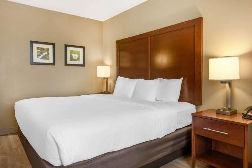 a hotel room with a large white bed and a wooden headboard at Comfort Inn & Suites At CrossPlex Village in Birmingham