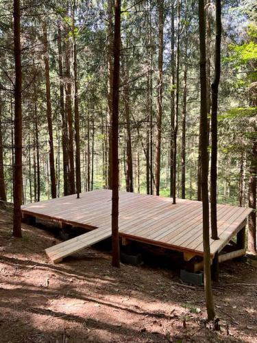 a wooden picnic table in the middle of a forest at Room in a Farm Residence Austria - Shared Bathroom in Iglbach
