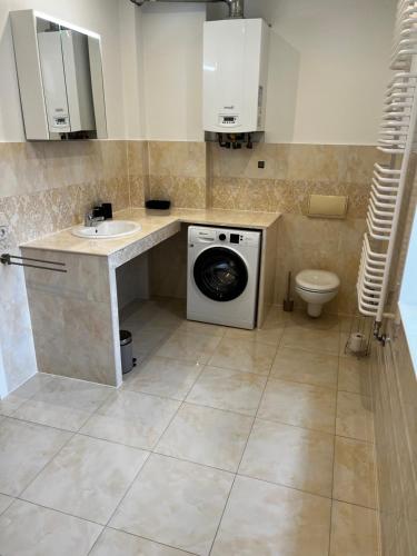 a bathroom with a washing machine and a sink at FeWo Luise mit 4-Zimmer, Balkon, 127qm in Görlitz
