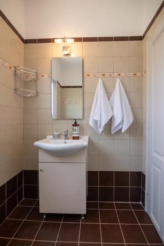 a bathroom with a white sink and a mirror at Manos Beach House Salamina in Kanáki