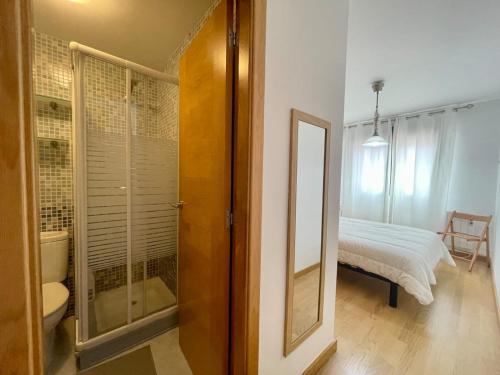 un bagno con cabina doccia accanto a una camera da letto di Apartamento Alfredo a O Pindo