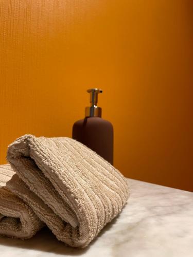 a towel and a soap dispenser on a table at Le Daguet in Florenville