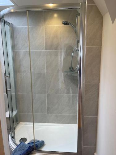 a shower with a glass door in a bathroom at Little Briar in Lyme Regis