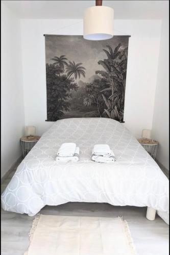 un lit blanc avec deux serviettes dessus dans l'établissement Joli appart cour proche bord de loire, à Blois