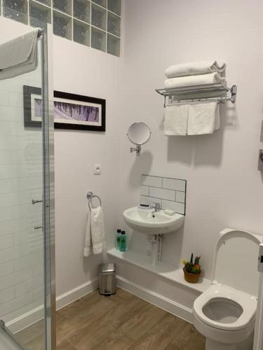 une salle de bain blanche avec des toilettes et un lavabo dans l'établissement Maison 94, à LʼAbsie