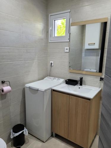 Sunny Cottage في فريجوس: حمام مع غسالة ومغسلة