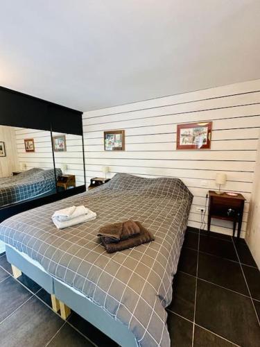 a bedroom with a bed with a towel on it at Studio à Port Manec'h - Plage et port à pied in Névez
