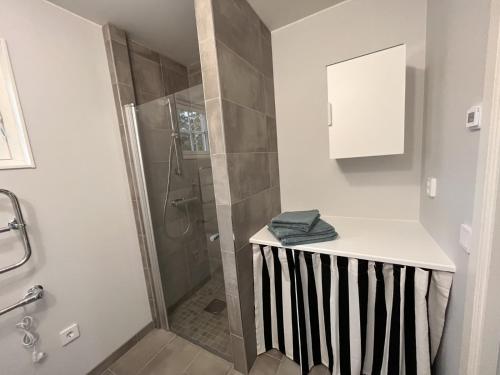 a bathroom with a shower with a black and white counter at Gläntan 
