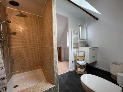 - deux photos d'une salle de bains avec douche et lavabo dans l'établissement Séjour champêtre et bucolique, à Saint-Maurice-sur-Fessard