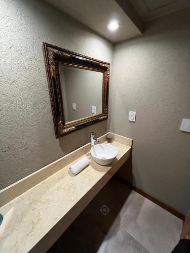 a bathroom with a sink and a mirror at Le Bouquet Apart Hotel in San Carlos de Bariloche
