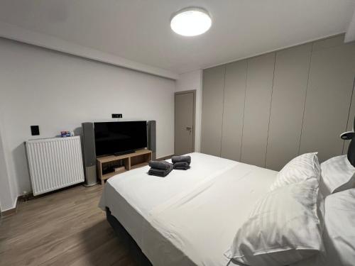 a bedroom with a large white bed and a flat screen tv at Sounio - Waterfront Luxury Spa Villa Pounta Zeza 170 sqm on Private Beach in Sounio