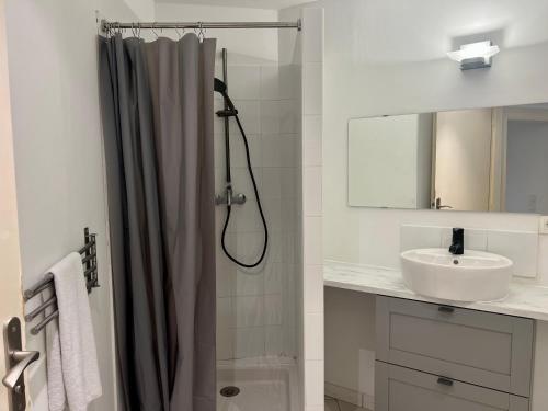 a bathroom with a shower curtain and a sink at Le poète roucher in Montpellier