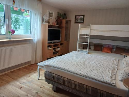 a bedroom with a bunk bed and a television at Bei Mayer's in Ringsheim