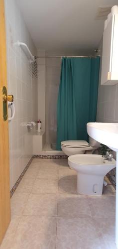 a bathroom with a toilet and a sink and a shower at Apartamento en Sierra de Irta Peñiscola Font Sol 4 in Peñíscola