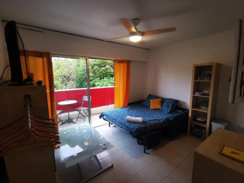 un salon avec un canapé et une fenêtre dans l'établissement Cosy studio,piscine,parc fleuri,résidence standing,parking, à Antibes