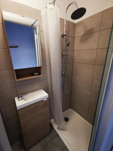 une salle de bain avec un lavabo et une douche dans l'établissement Cosy studio,piscine,parc fleuri,résidence standing,parking, à Antibes